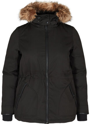 Manteau d'hiver court avec capuche et bordure en fausse fourrure, Black, Packshot image number 0