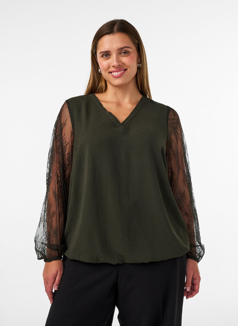 Blouse met kanten mouwen en ballonvorm, Groen, Model image number 0