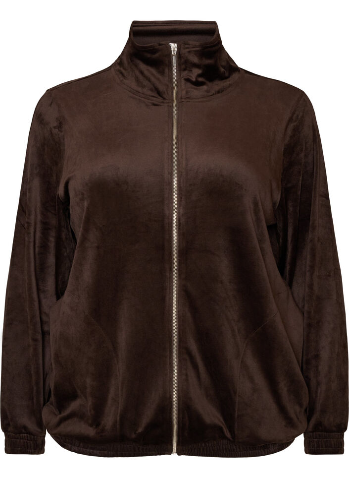 Zachte velours cardigan met rits en hoge kraag, Bruin, Packshot image number 0