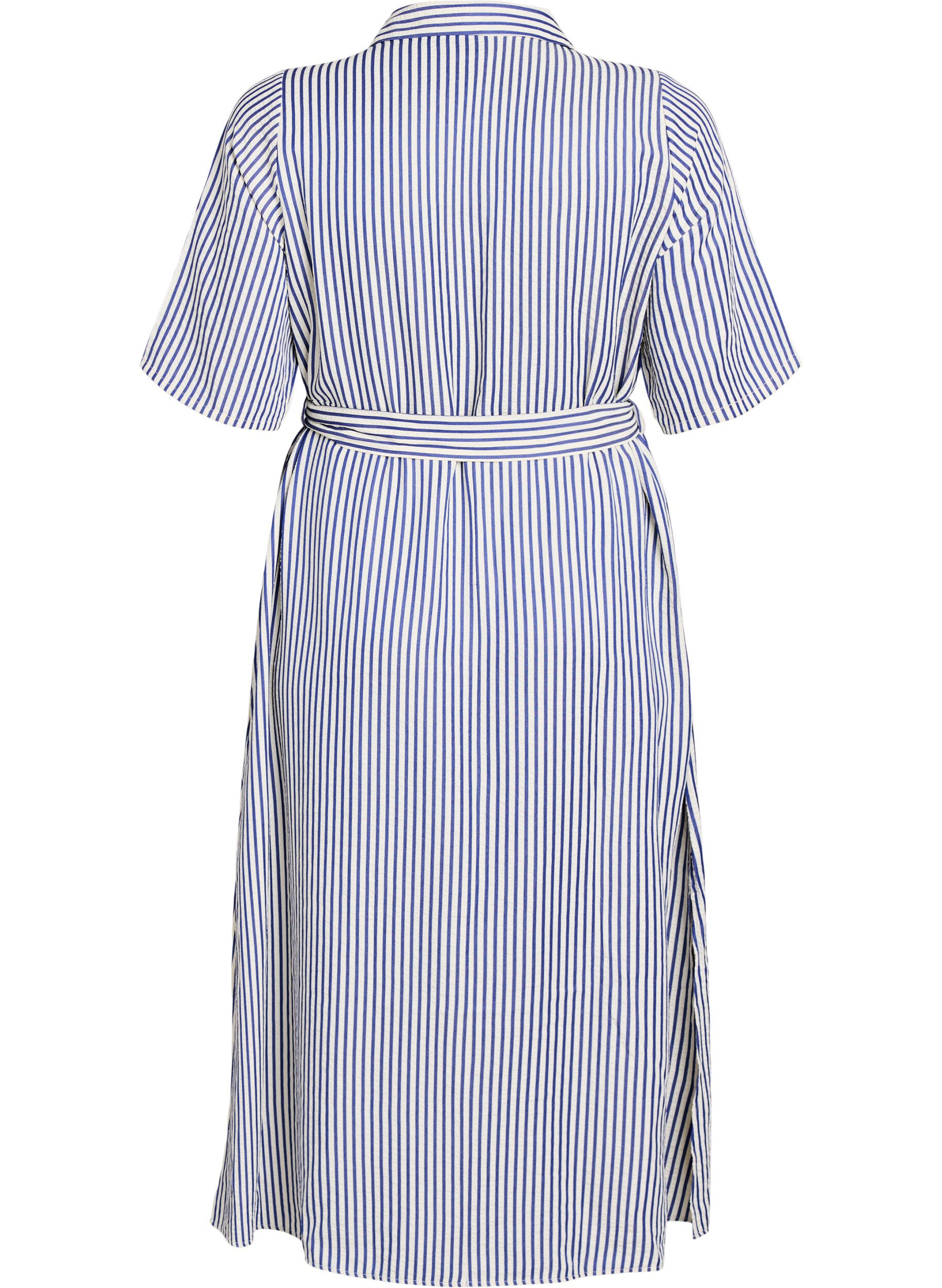 ZizziRobe-chemise longue jusqu&rsquo;aux chevilles avec ceinture &agrave; nouer et rayures, Bleu, Packshot image number 1
