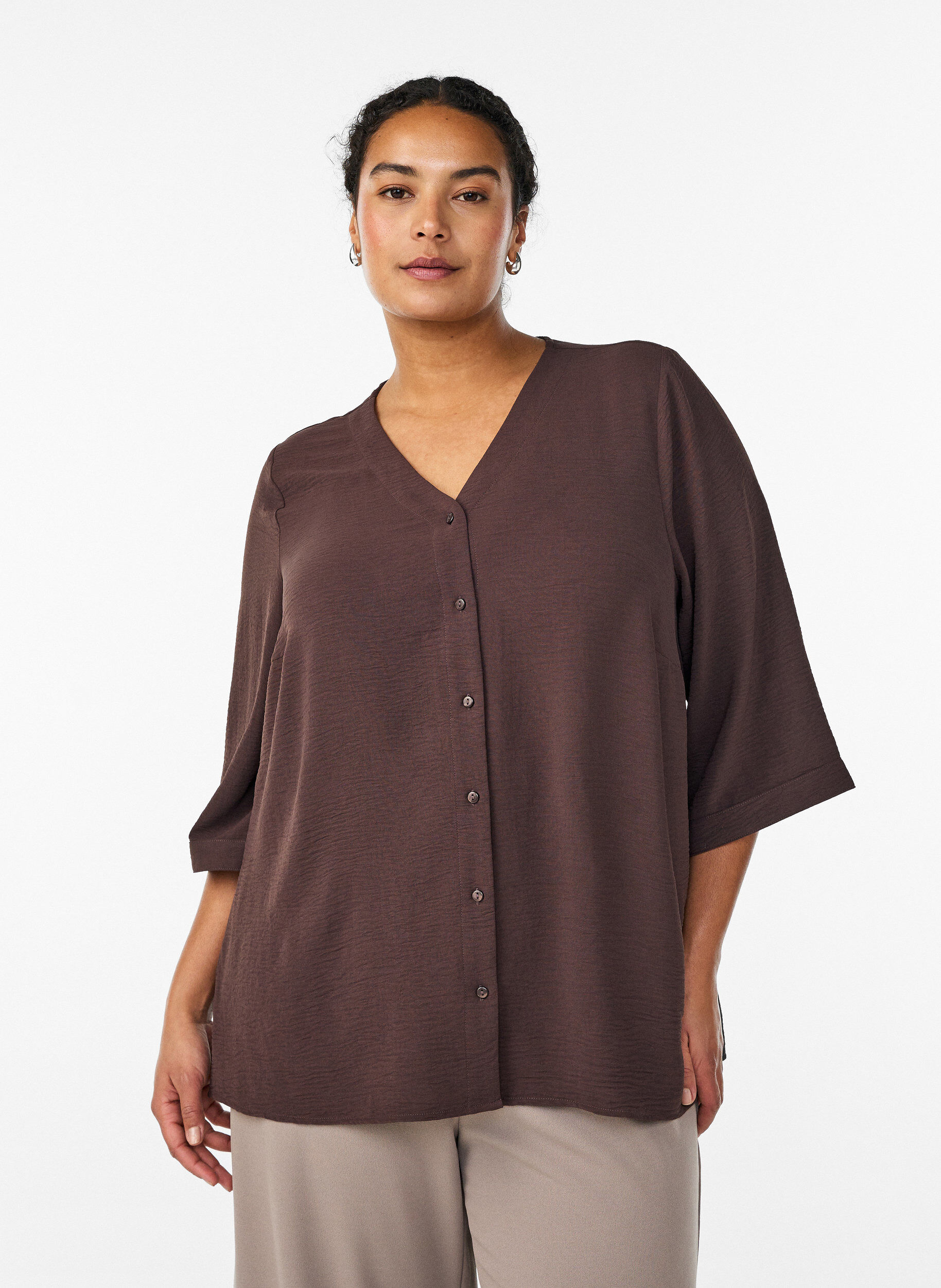 ZizziShirt blouse with V-neck and 3/4 sleeves, Brown, Model image number 0