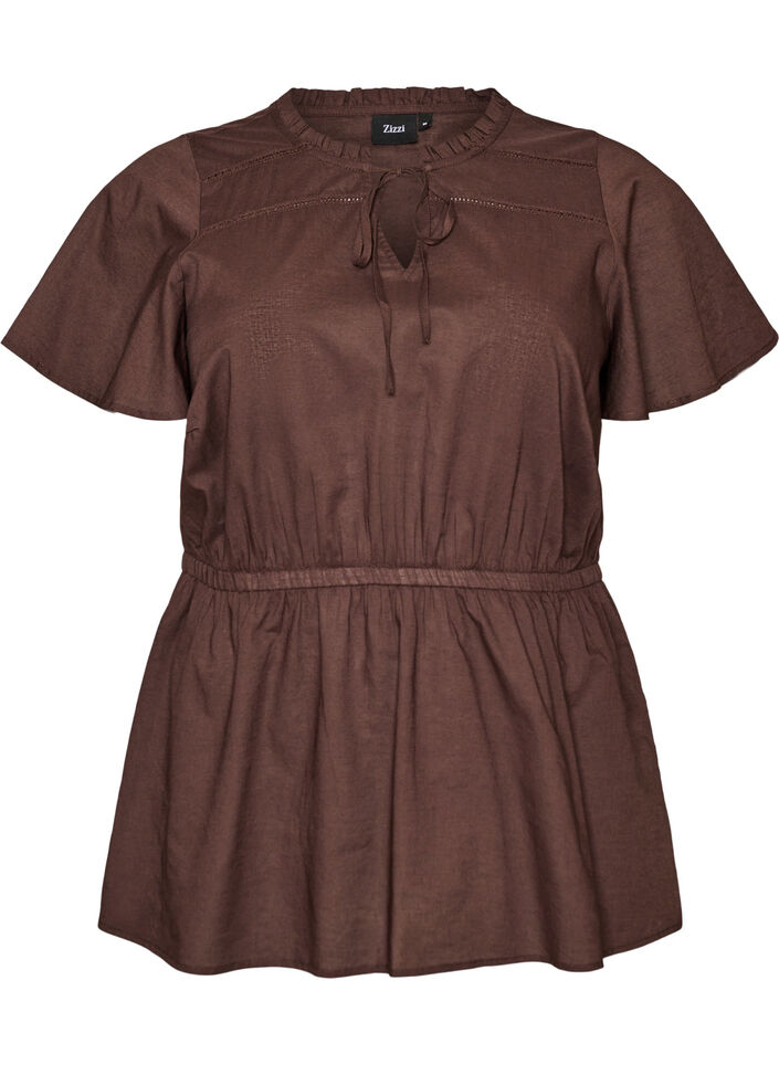 Blouse en coton avec lien &agrave; nouer et taille &eacute;lastiqu&eacute;e, Marron, Packshot image number 0