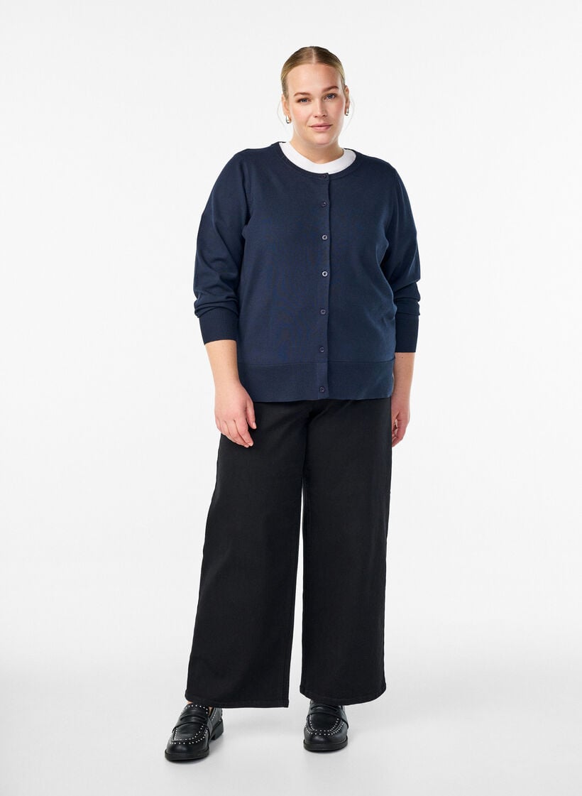 Cardigan en maille fine avec col rond, Bleu, Model image number 1
