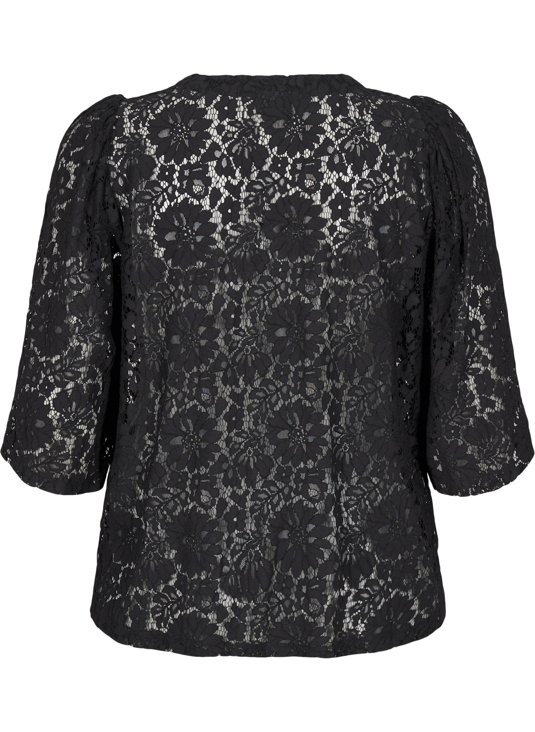 ZizziKanten blouse met 3/4 mouwen en strikjes aan de voorkant, Zwart, Packshot image number 1