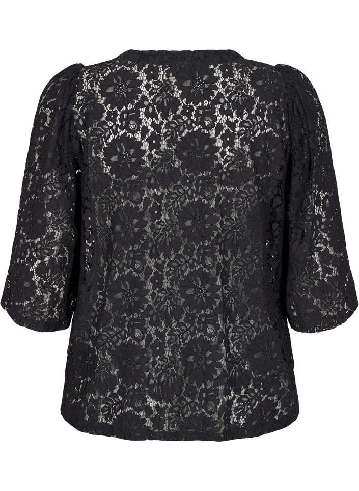 Kanten blouse met 3/4 mouwen en strikjes aan de voorkant, Zwart, Packshot image number 1