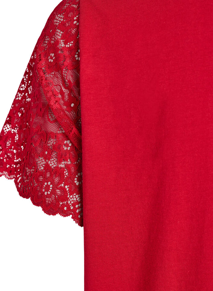 T-shirt en coton avec manches courtes en dentelle, Rouge, Packshot image number 3