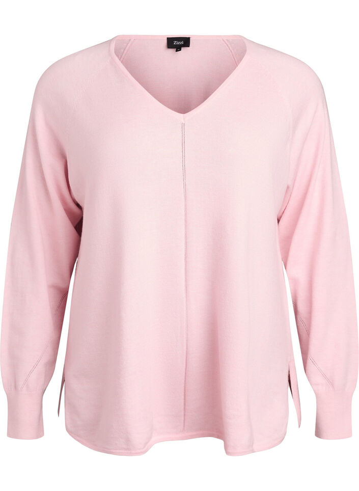 Fijngebreide blouse met V-hals en voorkantdetail, Roze, Packshot image number 0