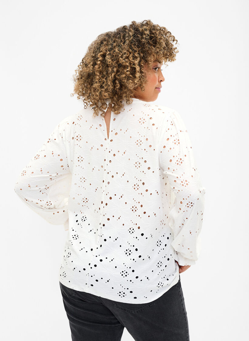 Blouse met lange mouwen en gaatjespatroon, Bright White, Model image number 1