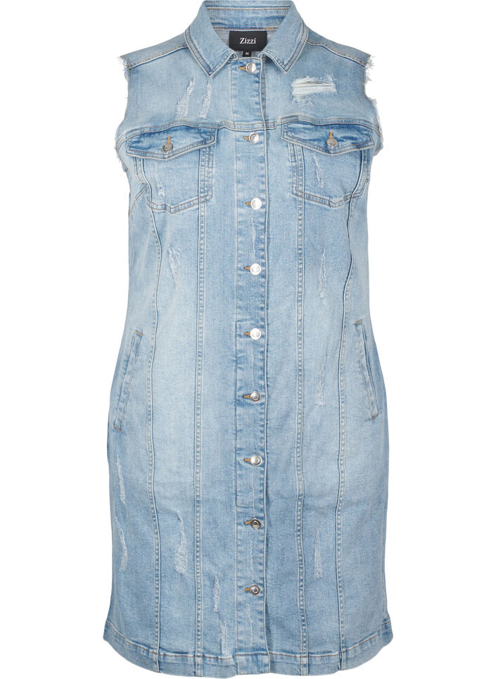 Robe en jean sans manches avec détails à bords bruts, Light Blue Denim, Packshot image number 0