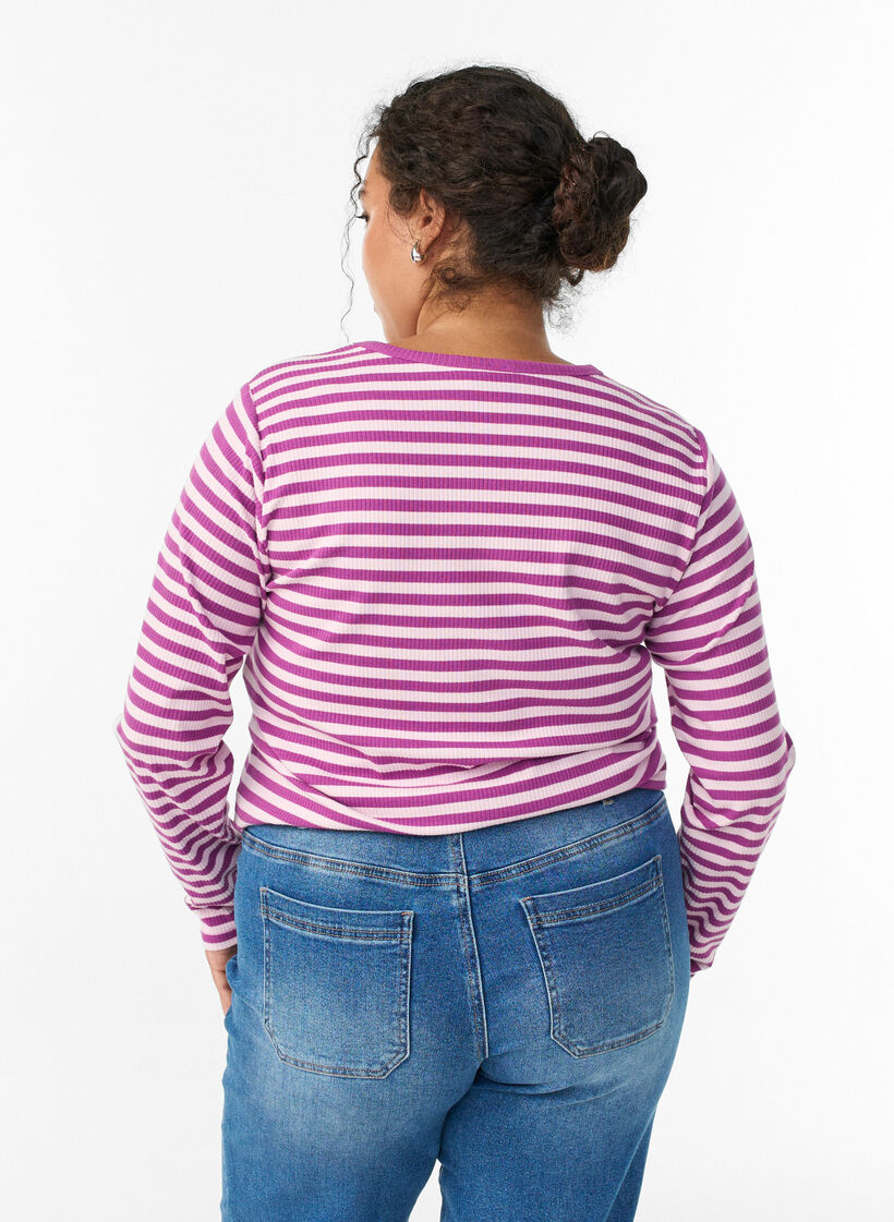 Gestreepte blouse met lange mouwen, Paars, Model image number 2