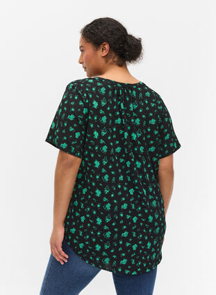 Chemise à manches courtes et col en V, Green Flower AOP, Model image number 1