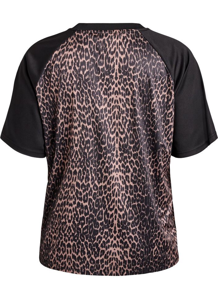 Workout T-shirt met raglanmouwen en luipaardprint, Bruin, Packshot image number 1