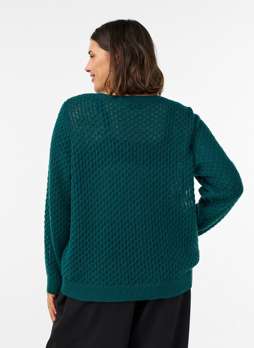 Blouse en maille avec motif ajour&eacute; textur&eacute;, Vert fonc&eacute;, Model image number 2