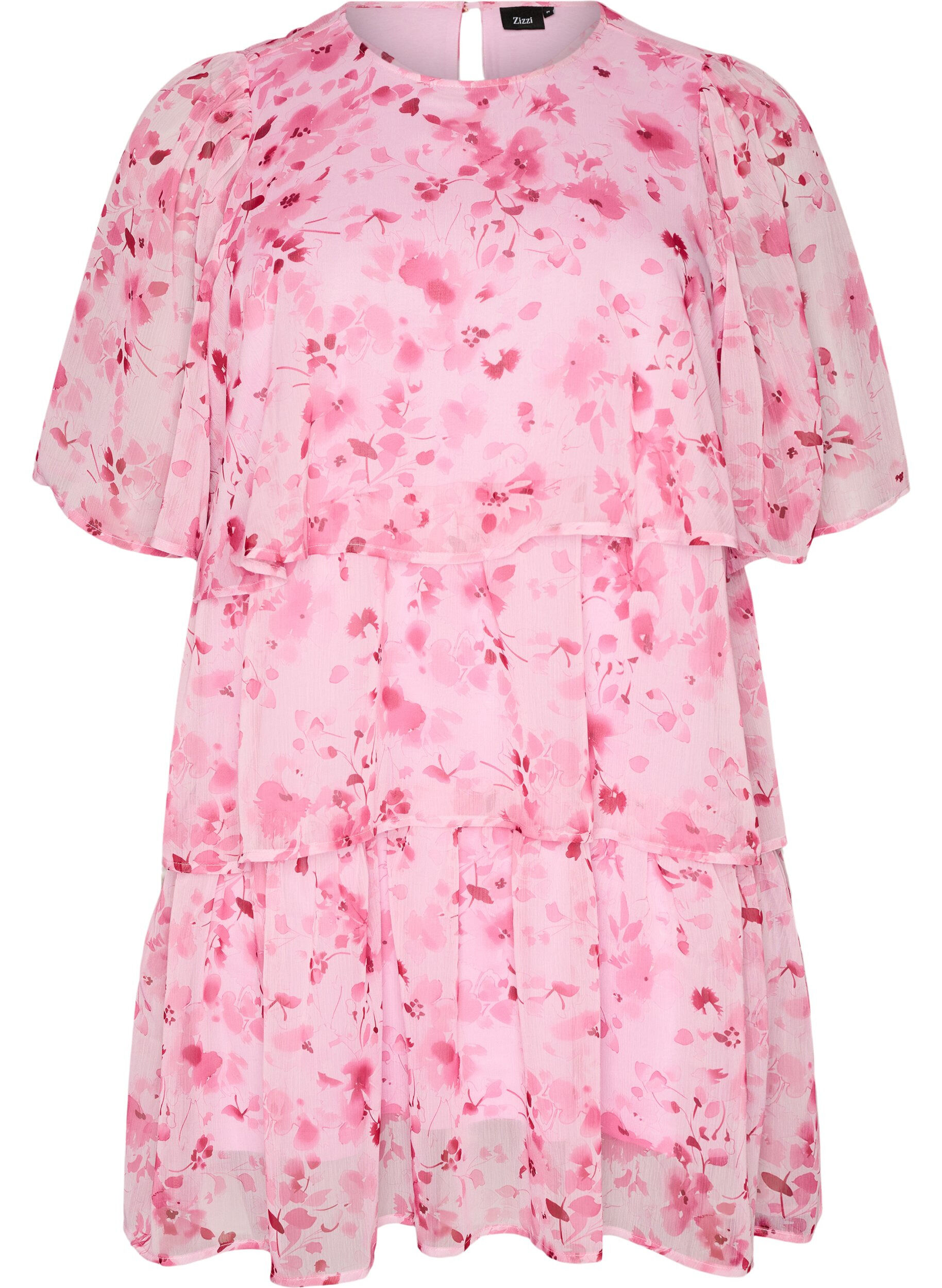 ZizziKorte jurk met chiffonlook, bloemenprint en volantlagen, Roze, Packshot image number 0