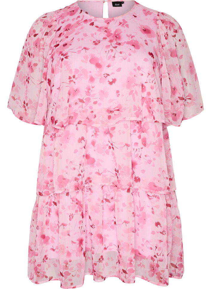 Korte jurk met chiffonlook, bloemenprint en volantlagen, Roze, Packshot image number 0