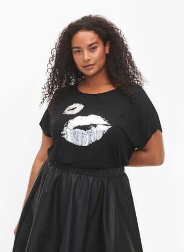 T-shirt met korte mouwen van viscose en opdruk, Black W. Lips, Model image number 0