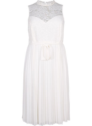Mouwloze jurk met kant en plooien, Bright White, Packshot image number 0