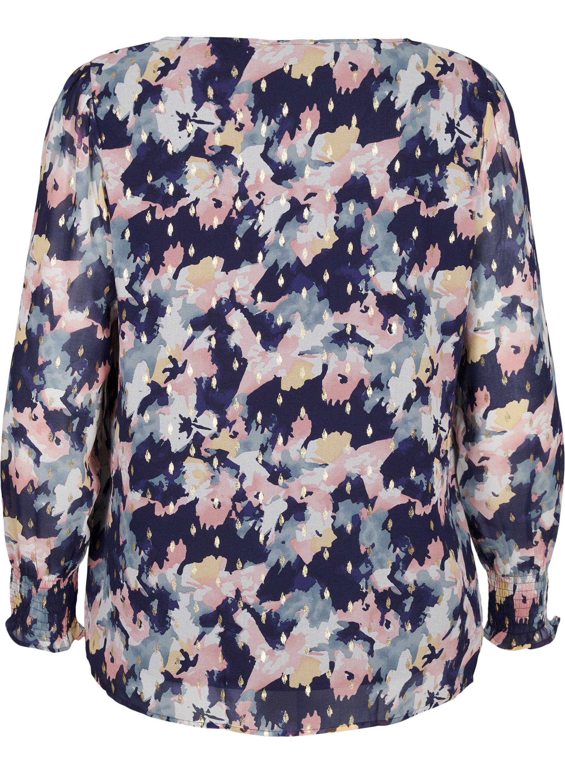 ZizziGebloemde blouse met lange mouwen en V-hals, Night Sky AOP Flower, Packshot image number 1
