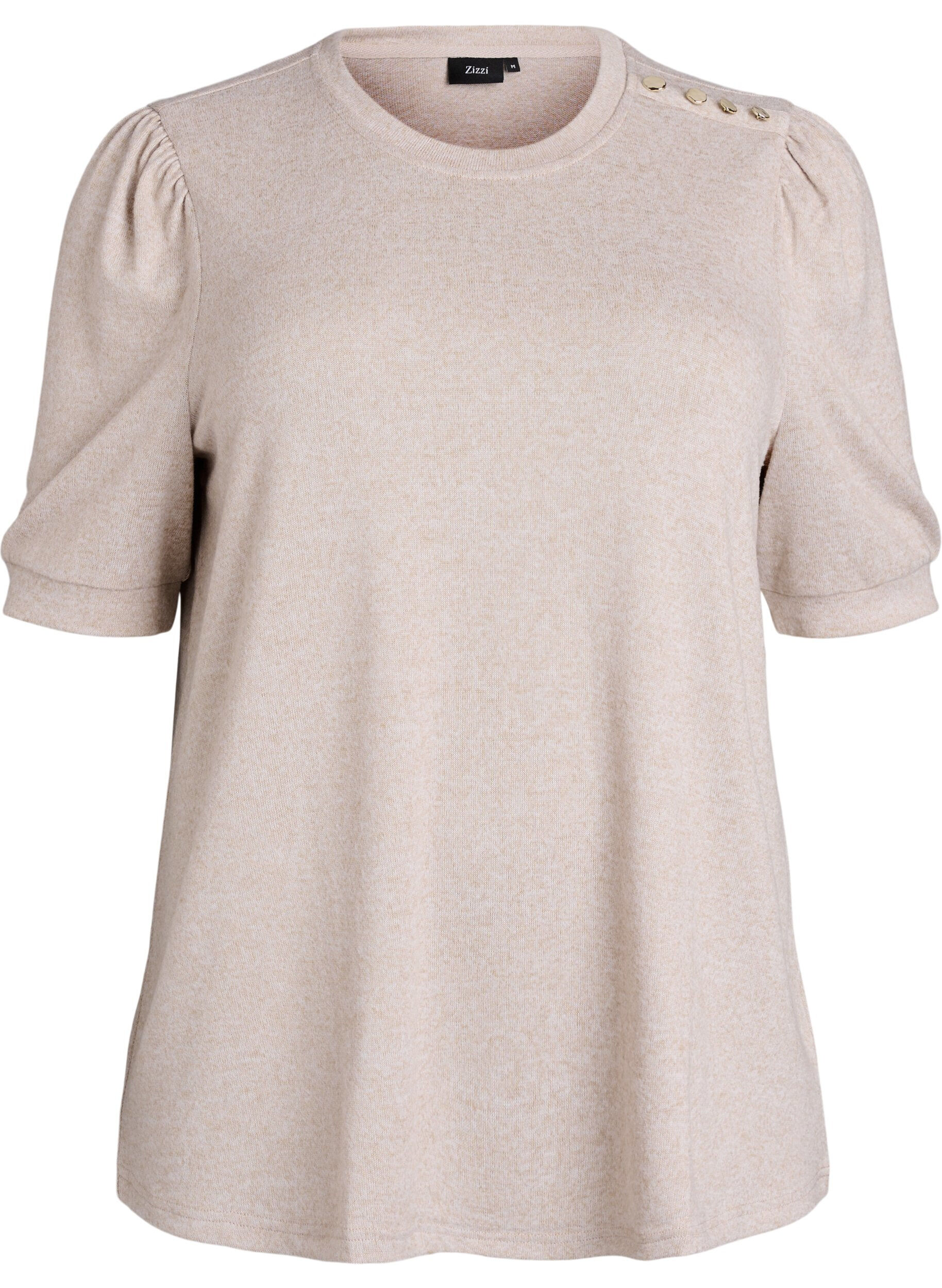 ZizziChemisier avec d&eacute;tails boutons et manches courtes bouffantes, Beige, Packshot image number 0