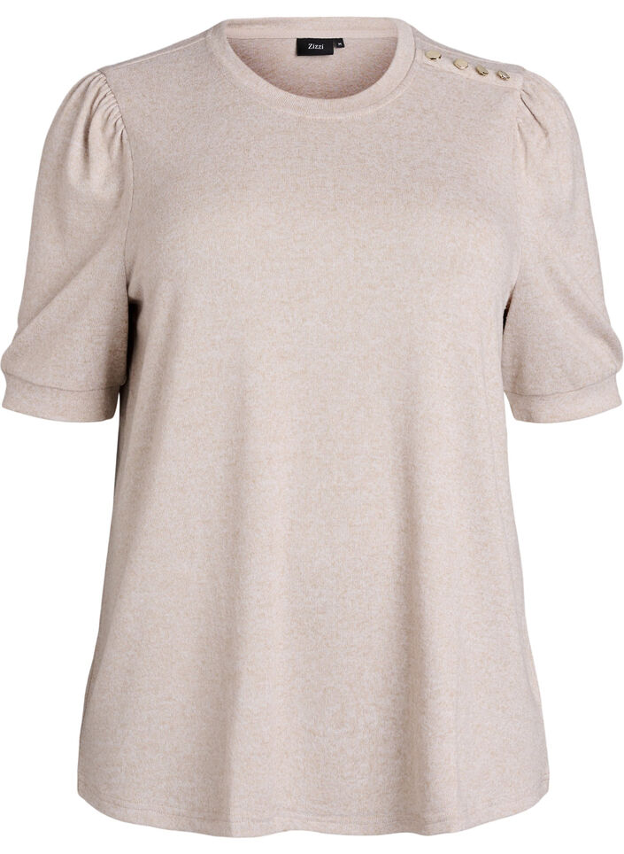 Chemisier avec d&eacute;tails boutons et manches courtes bouffantes, Beige, Packshot image number 0