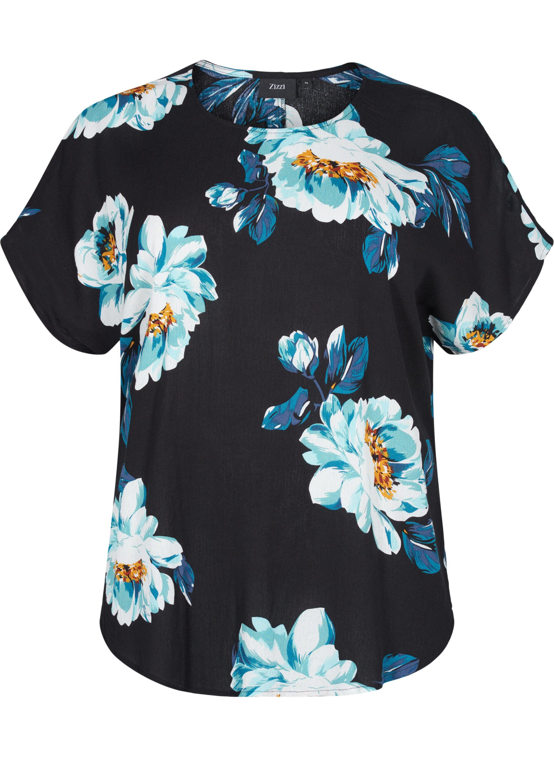 ZizziViscose top met korte mouwen en bloemenprint, Black Big Flower, Packshot image number 0