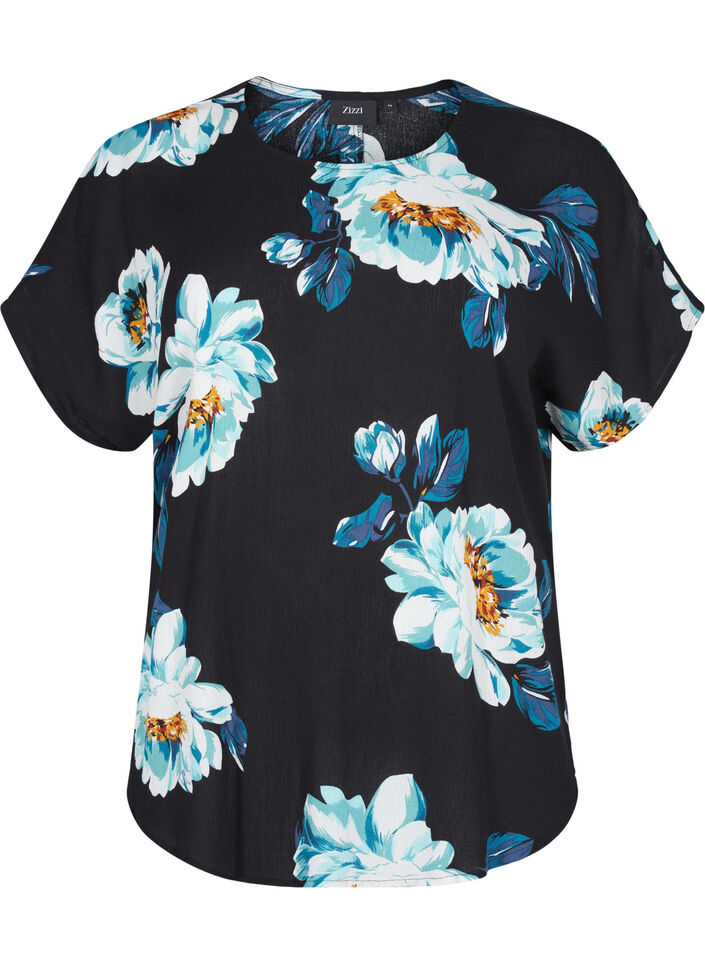 Blouse en viscose à manches courtes avec imprimé floral, Black Big Flower, Packshot image number 0