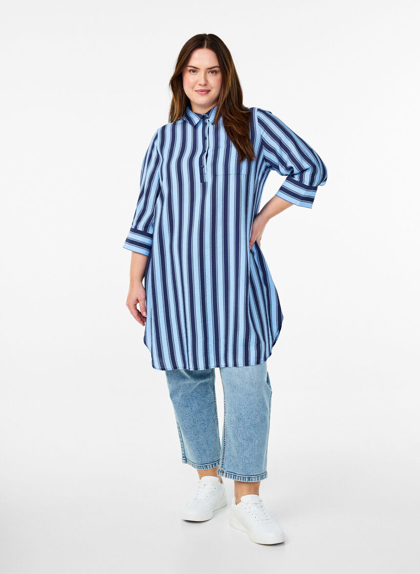 Robe courte avec col et poche poitrine, Bleu, Model image number 1