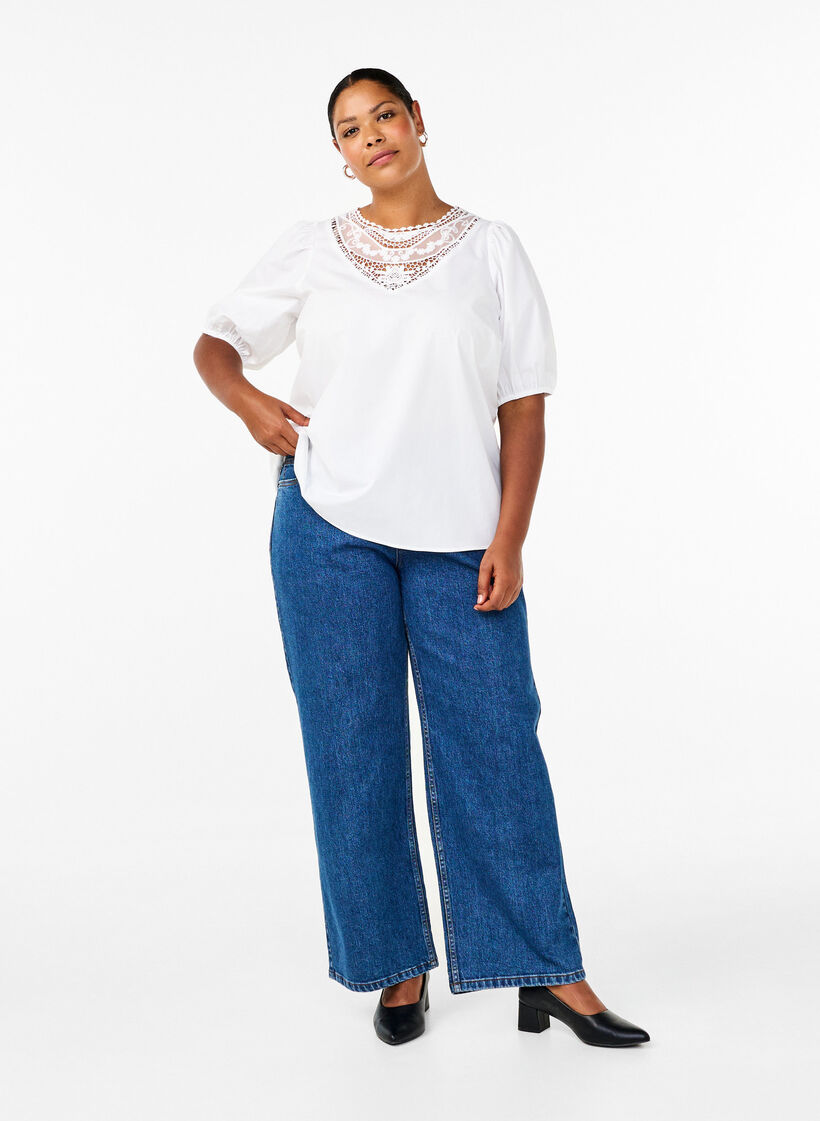 Blouse met korte mouwen en kant detail, Bright White, Model image number 2