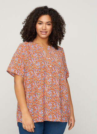Chemise à manches courtes et col en V, Orange Flower AOP, Model image number 0