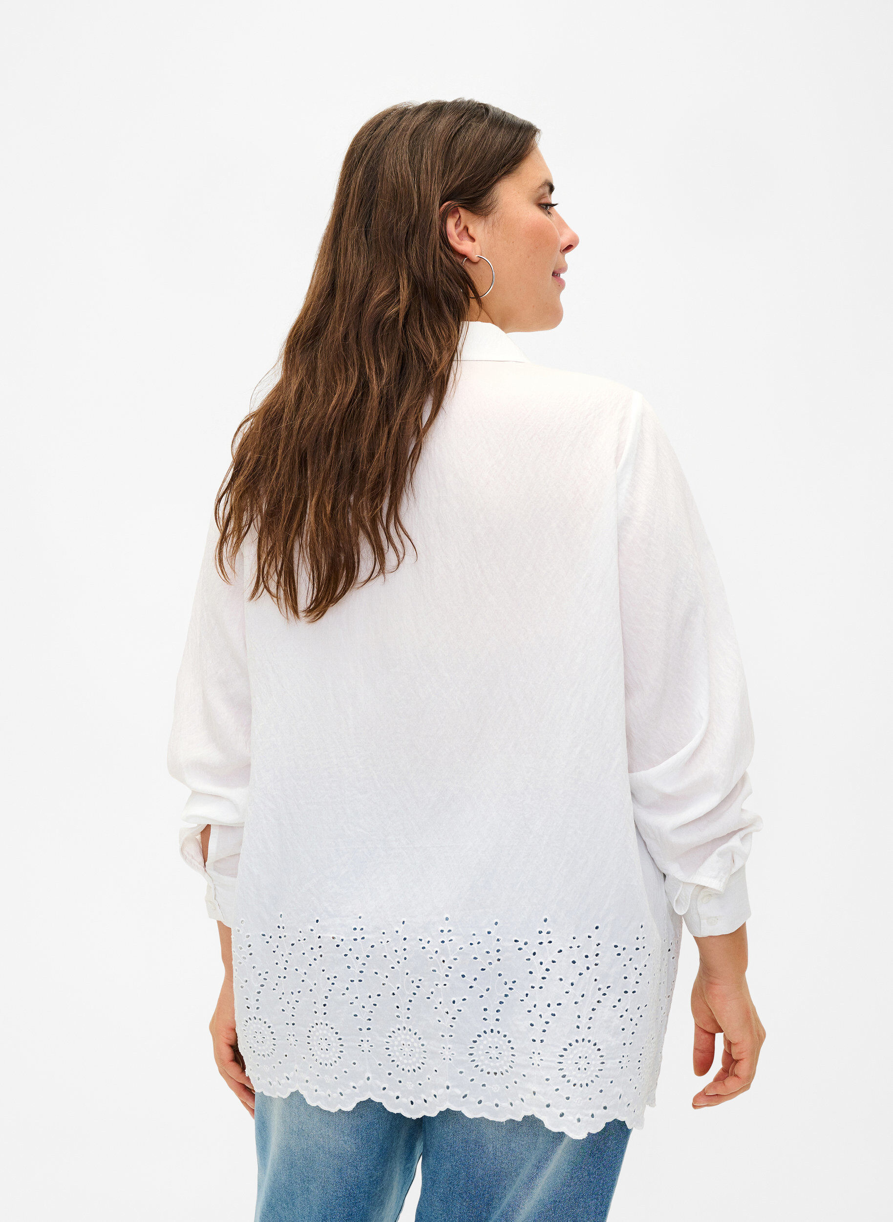 ZizziViscose overhemd met broderie anglaise, Bright White, Model image number 1