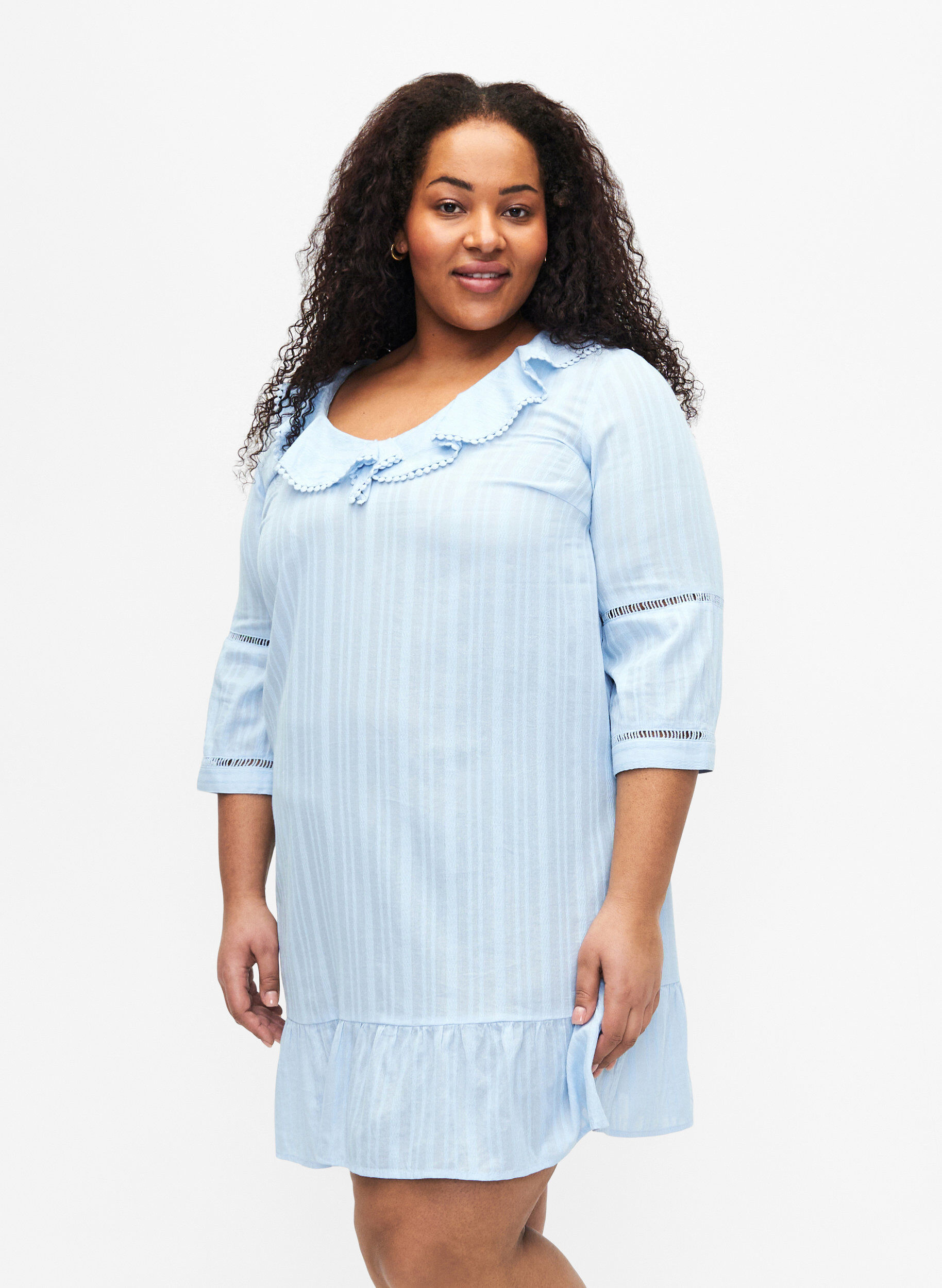 ZizziKatoen-viscosemix jurk met 3/4 mouwen, Chambray Blue, Model image number 0