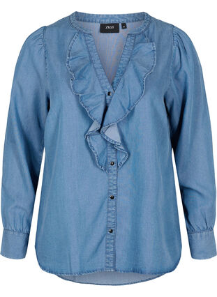 Chemise à manches longues avec encolure en V et détails de volants, Blue denim, Packshot image number 0