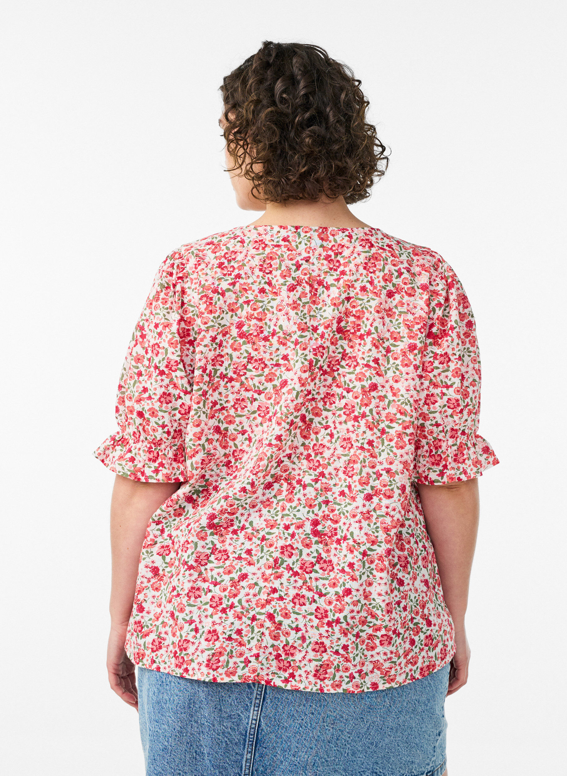 ZizziBlouse en coton avec encolure carr&eacute;e, Rouge, Model image number 2