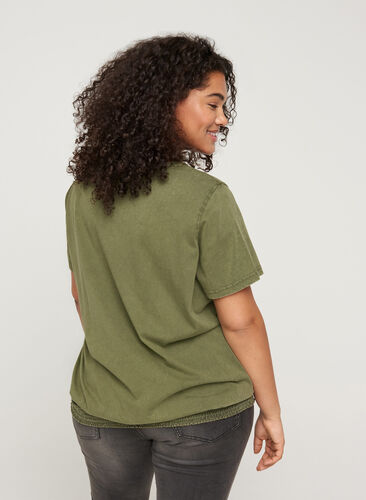 T-shirt met korte mouwen, acid wash en smokwerk, Ivy Green acid wash, Model image number 1