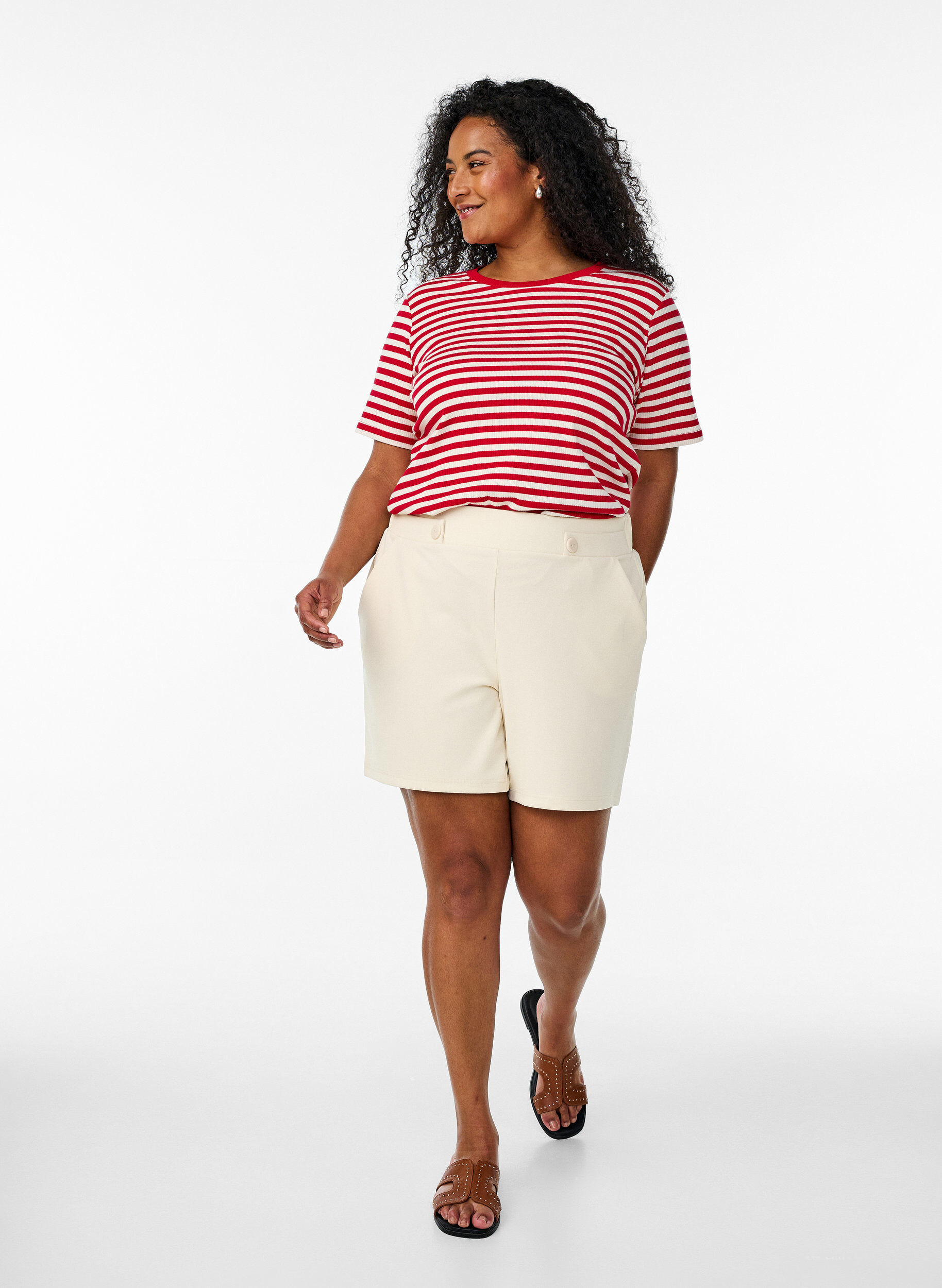 ZizziGestreept T-shirt met geribbelde textuur, Rood, Model image number 1