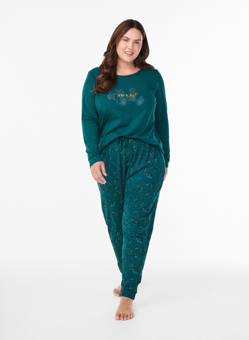 Pantalon de pyjama en coton avec imprimé, Turquoise, Model image number 0