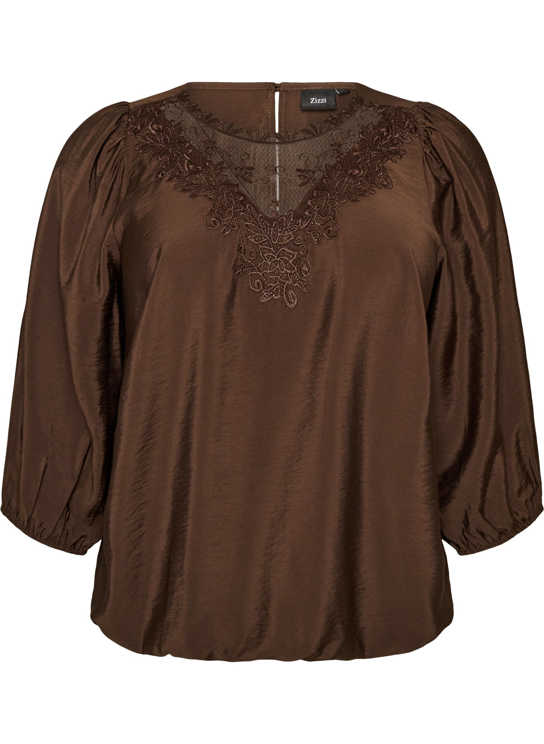 ZizziBlouse met 3/4 mouwen en kantdetails, Bruin, Packshot image number 0