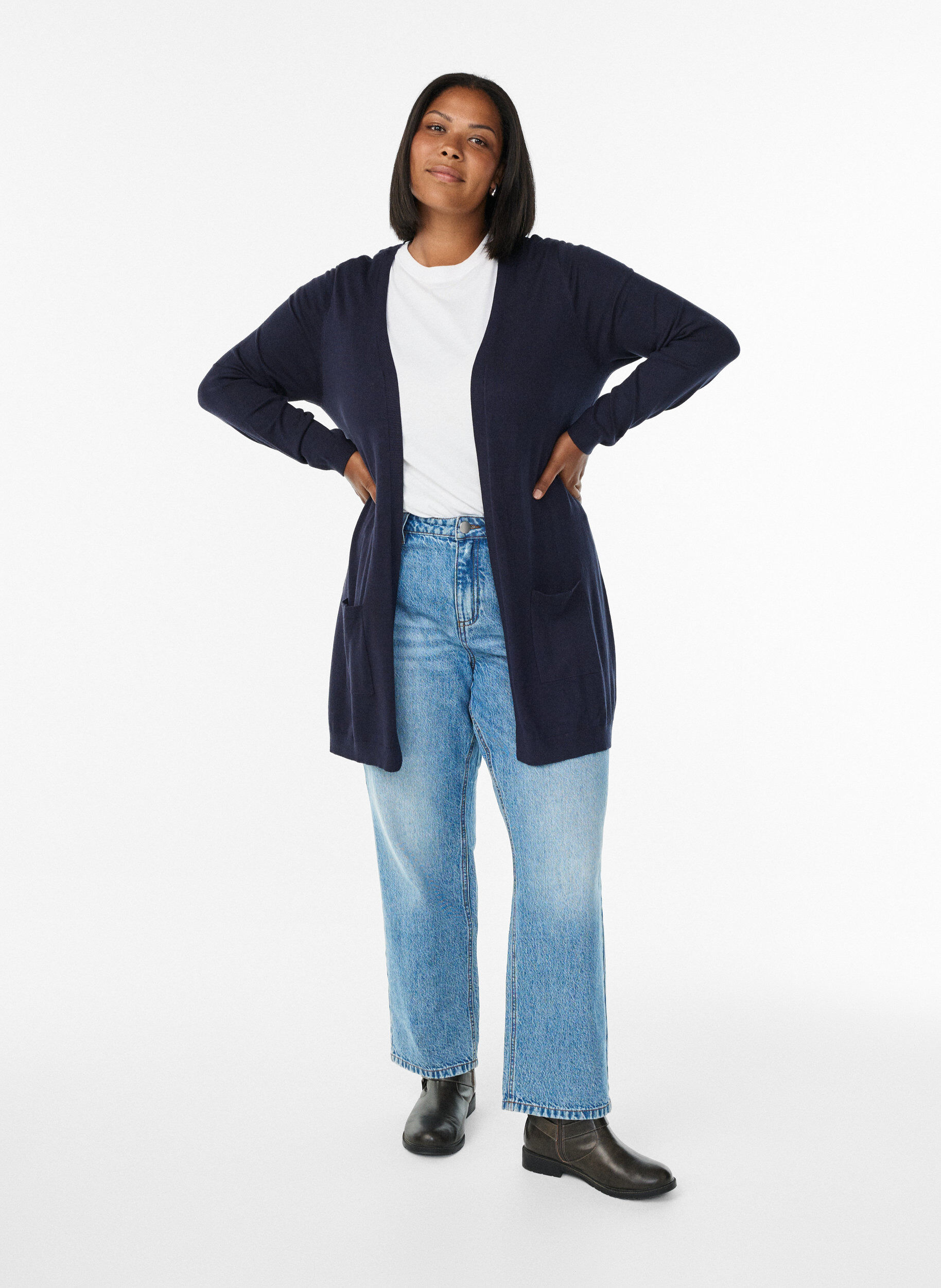 ZizziLang gebreid vest in viscosemix, Blauw, Model image number 1