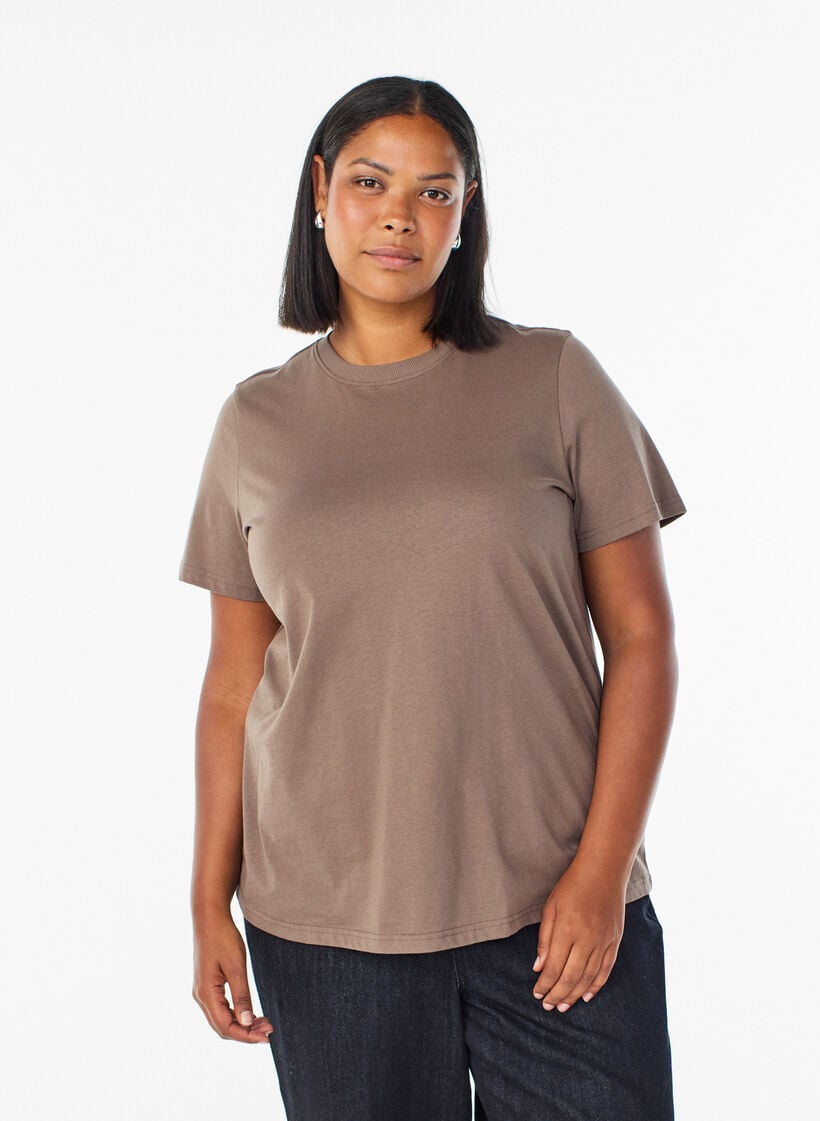 Basic katoenen T-shirt met ronde hals, Bruin, Model image number 0
