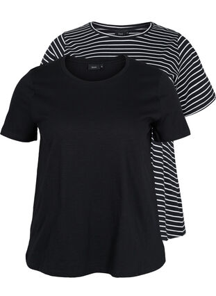 Lot de 2 T-shirt basiques en coton, Black/Black Stripe, Packshot image number 0