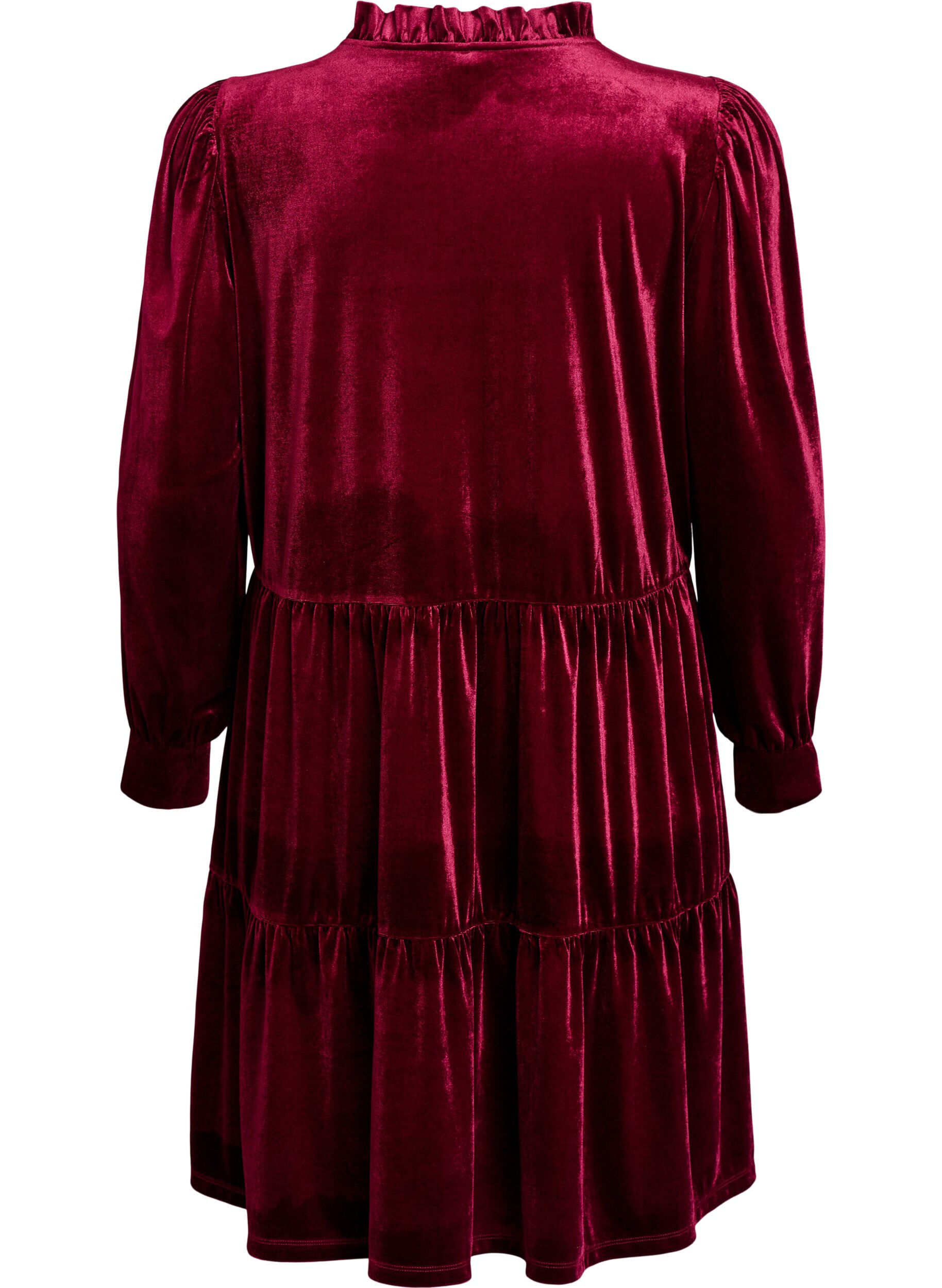 Zizzi Robe courte en velours avec un col &agrave; volants et des manches longues, Rouge, Packshot image number 1