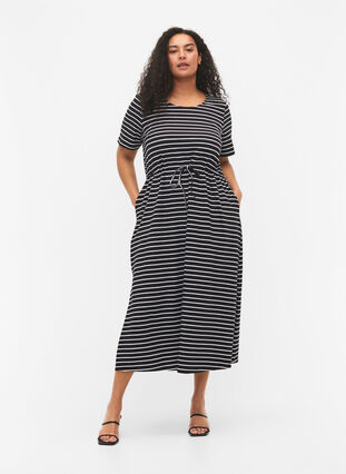 Katoenen midi-jurk met korte mouwen, Black Stripe, Model image number 0