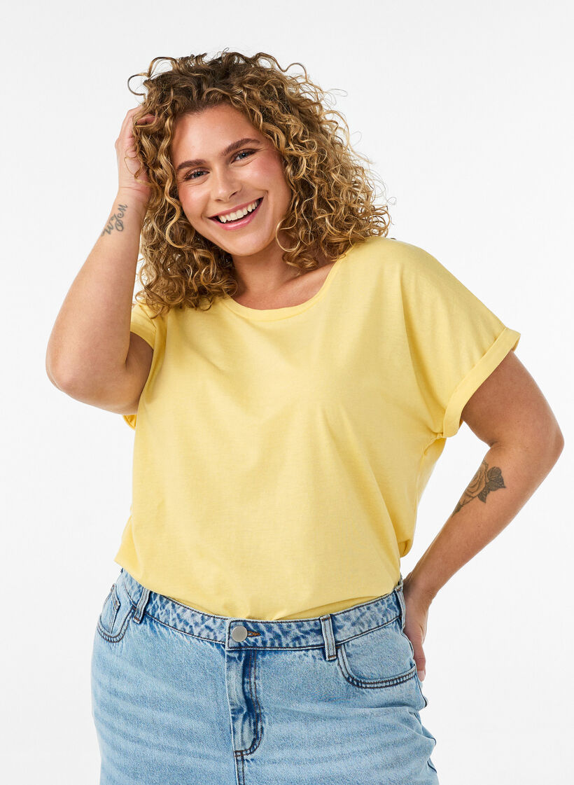 T-shirt met korte mouwen van katoenmix, Geel, Model image number 0