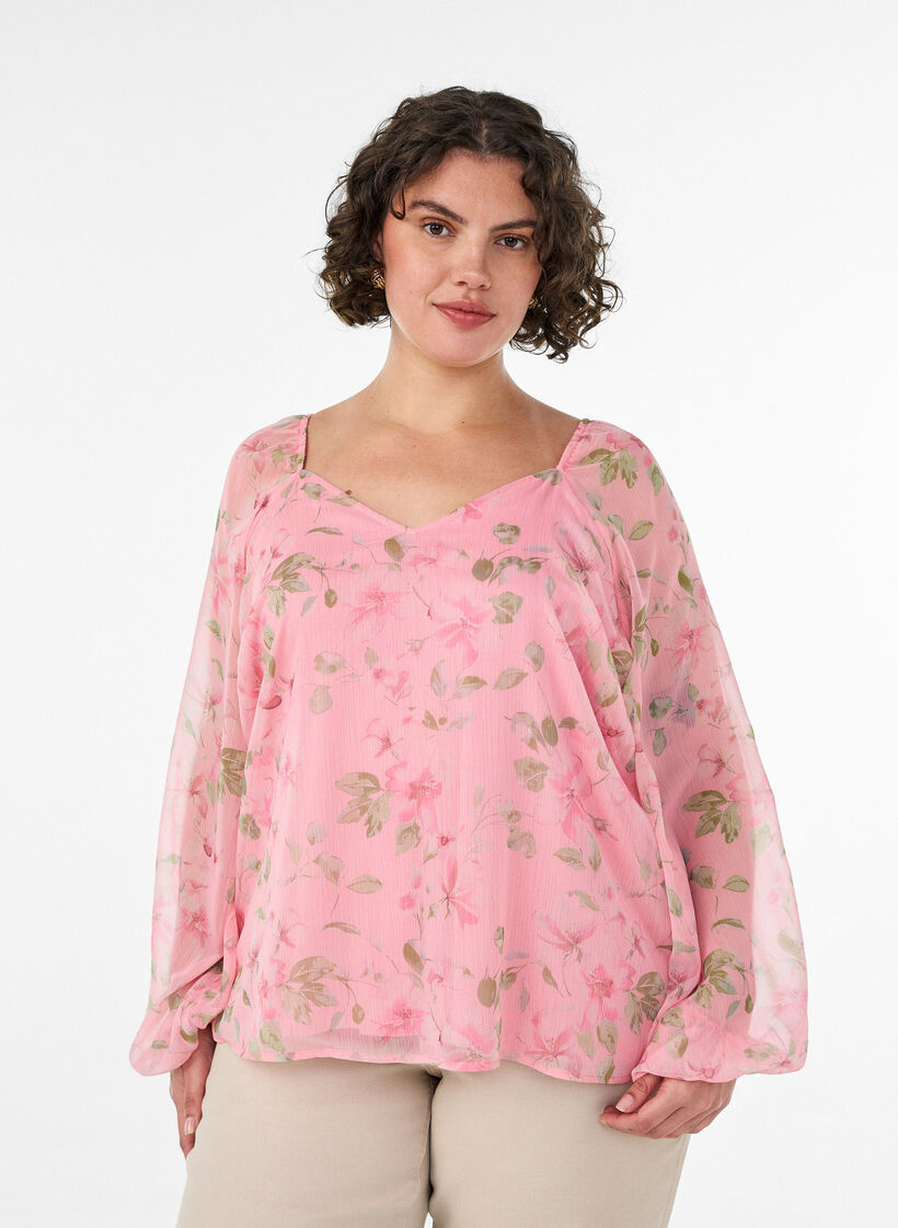 Chiffon blouse met bloemenprint en lange mouwen, Roze, Model image number 0