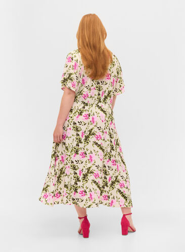 Geknoopte midi-jurk van viscose, Green Pink AOP, Model image number 1