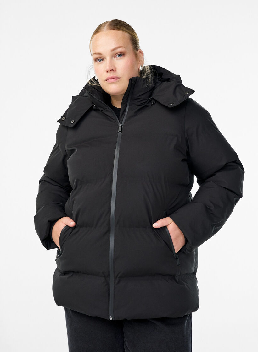 Korte gewatteerde jas met afneembare capuchon, Zwart, Model image number 0