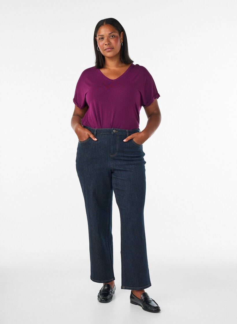 Basic T-shirt col V en viscose, Violet, Model image number 1