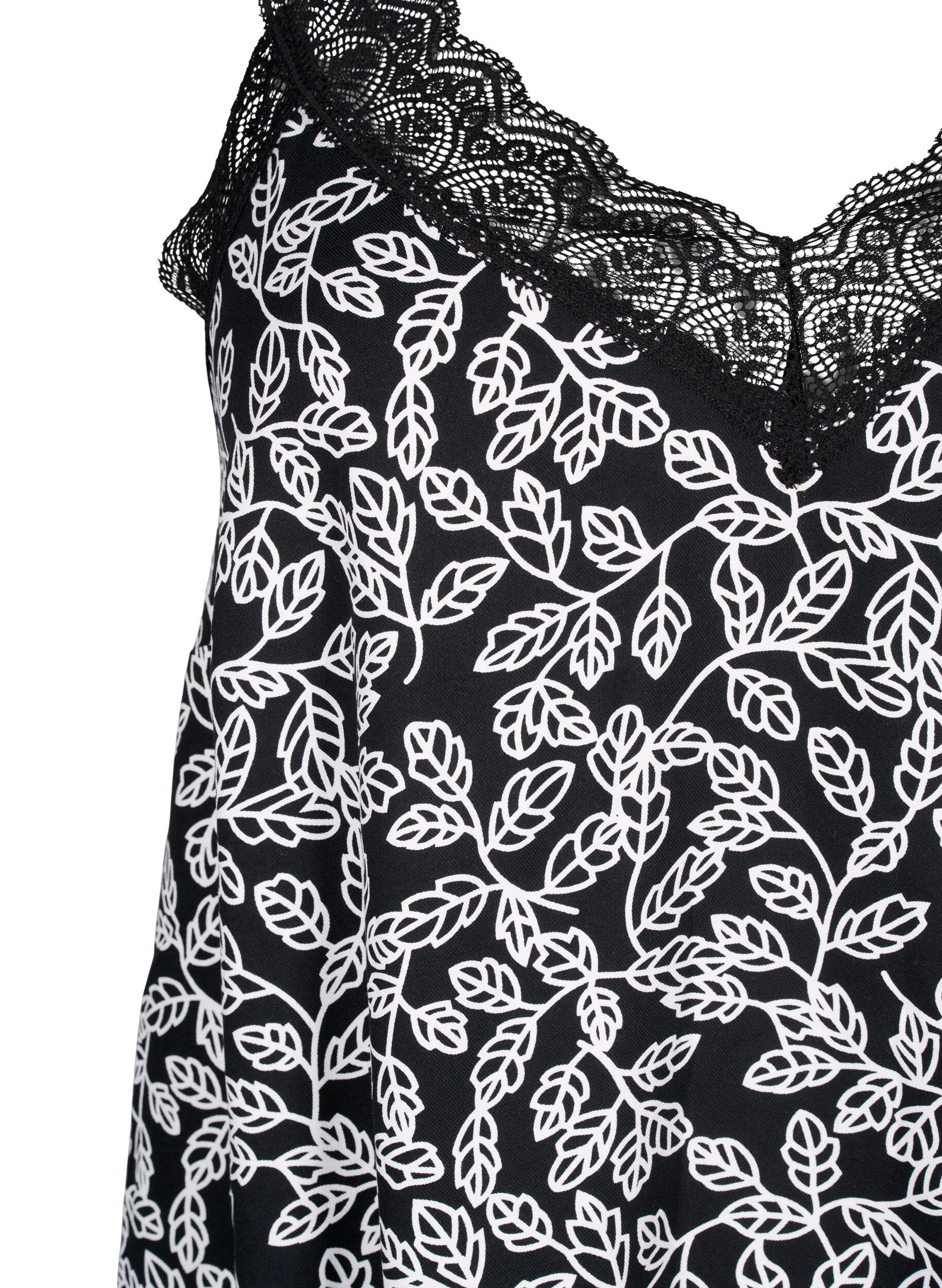 Zizzi Robe &agrave; bretelles en viscose orn&eacute;e de dentelle, Black w. Wh.Leaf AOP, Packshot image number 2