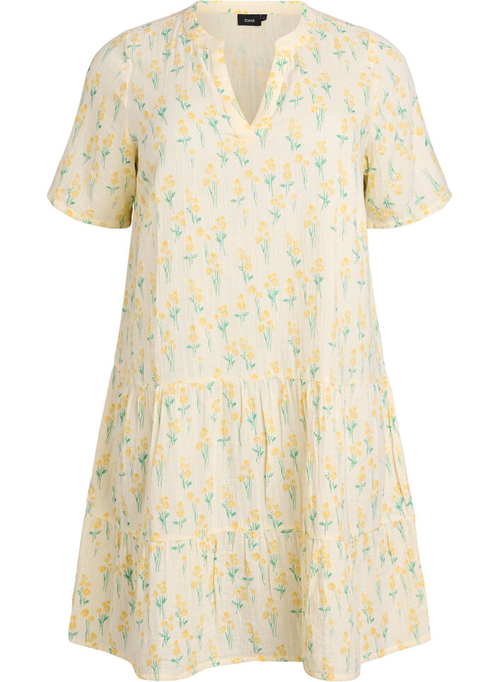Robe courte &eacute;vas&eacute;e en mousseline de coton, Jaune clair, Packshot image number 0
