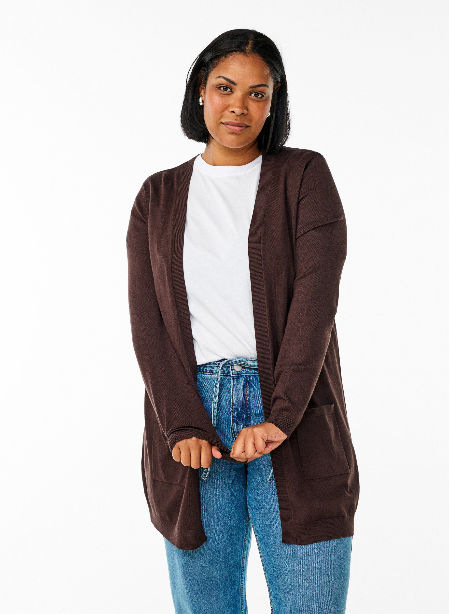 Long cardigan tricot&eacute; en m&eacute;lange de viscose, Marron, Model